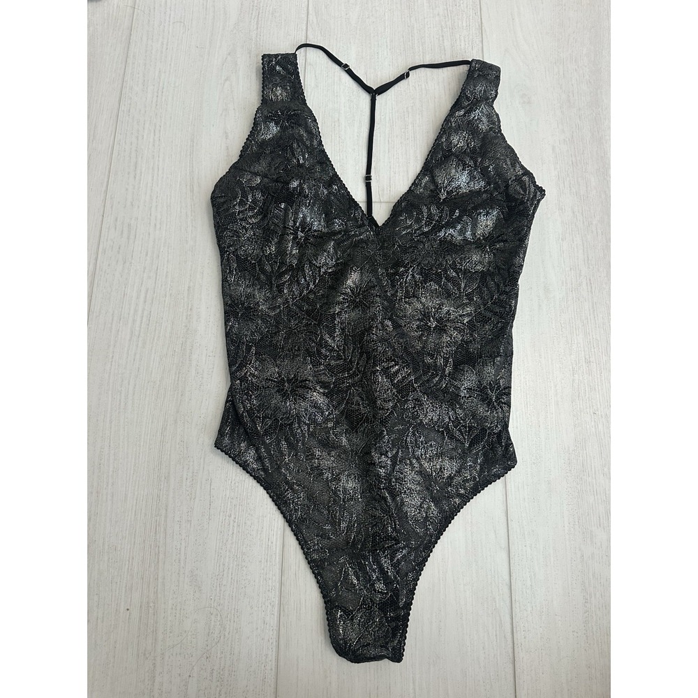 NWT Victoria's Secret Lingerie‎ - Strappy Teddy Sz L - Black Metallic Foil Lace